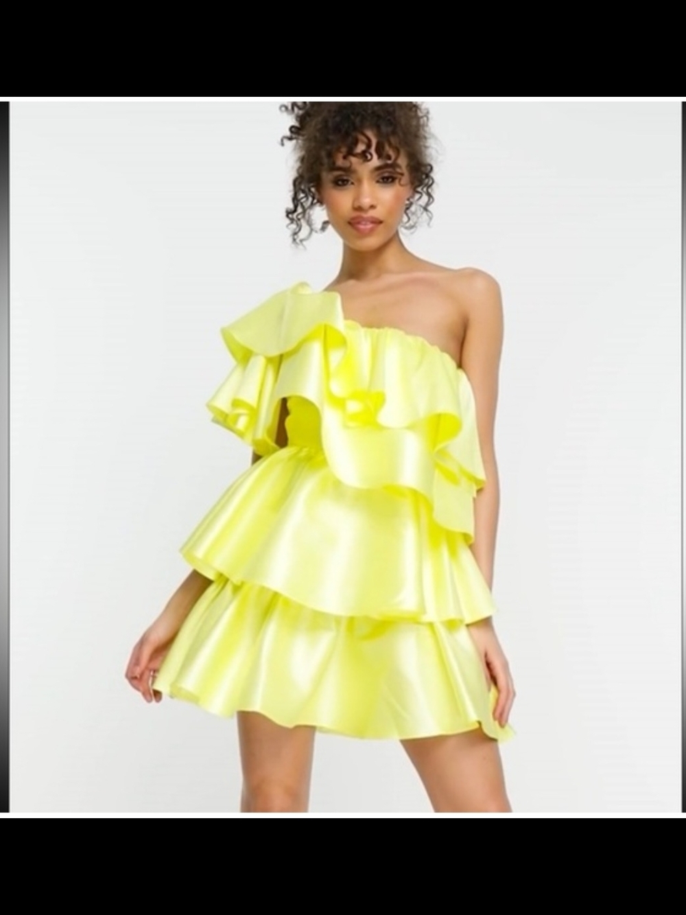 ASOS One-Shoulder Ruffle Tiered Mini Dress in Neon Yellow